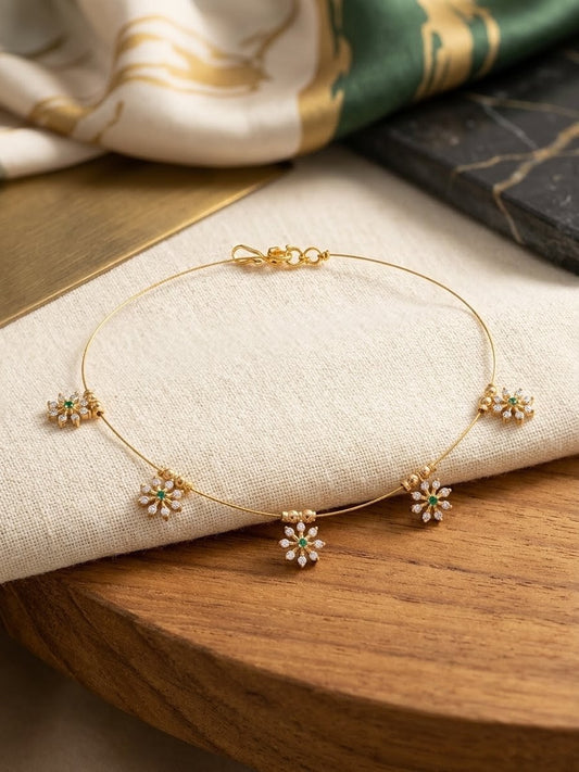 Elegant Floral Wire Necklace with White and Green Stones