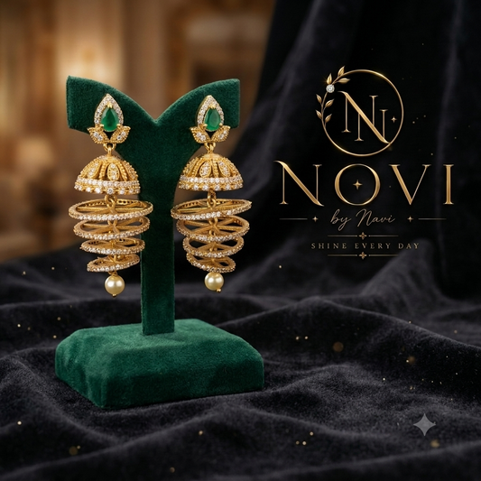 Emerald Stone AD Spiral Cage Jhumka Earrings with Pearl Drop