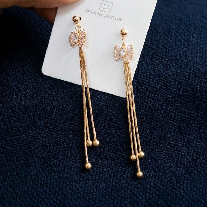 Korean Style CZ Butterfly Bow & Multi-Chain Tassel Drop Earrings