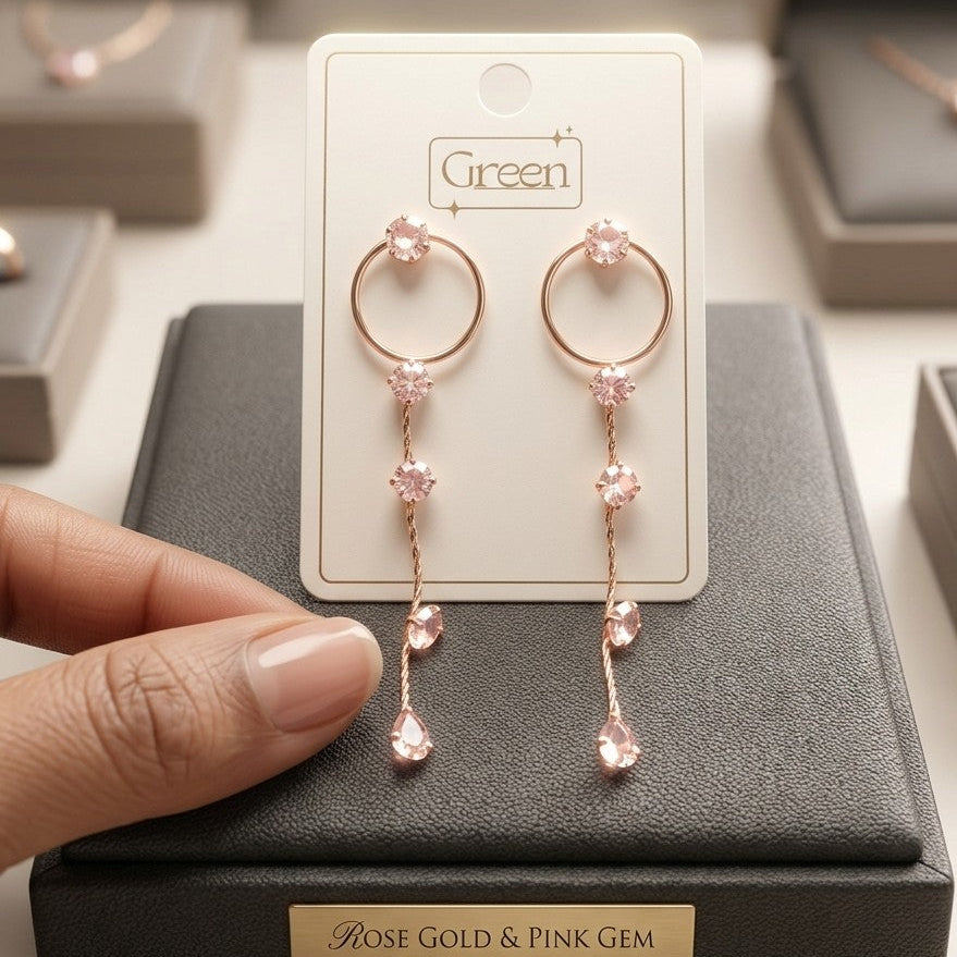 Rose Gold Pink Gem Floating Hoop & Crystal Drop Earrings
