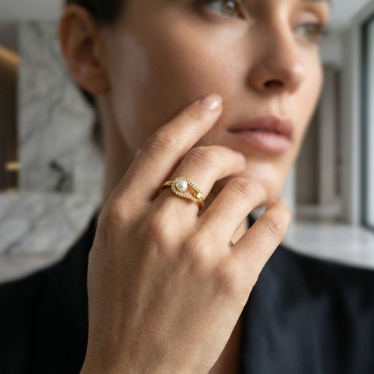 Horseshoe Pavé Pearl Gold Plated Ring | Pearl Ring