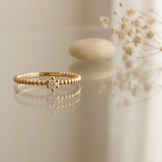 Beaded Starburst Solitaire Gold Plated Ring | Gold Plated Band Ring