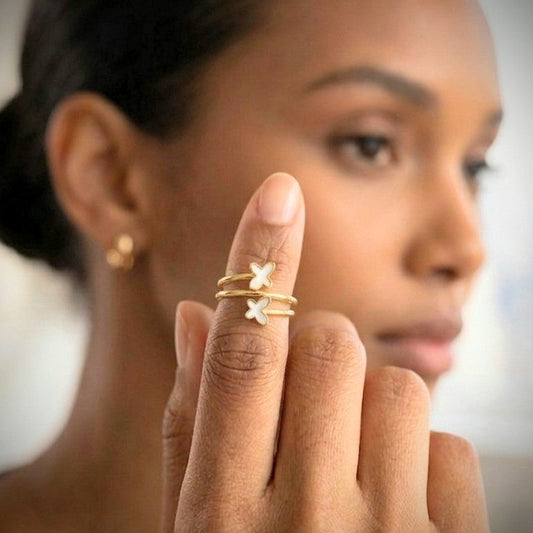 Dual Butterfly Pearl Spiral Gold Ring | Flower Ring