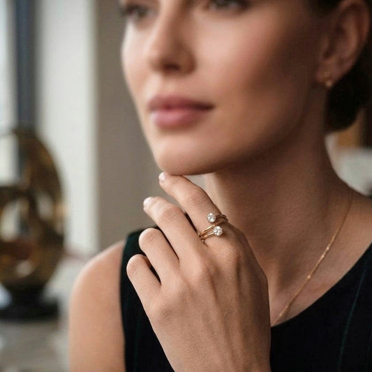 Dual Solitaire Bypass Gold Ring | Minimal Band Ring