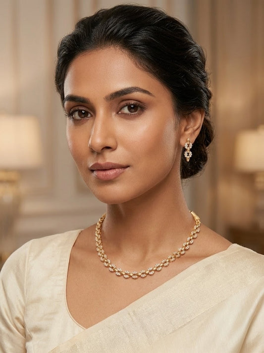 Elegant Gold-Plated American Diamond (AD) Delicate Necklace Set with Earrings