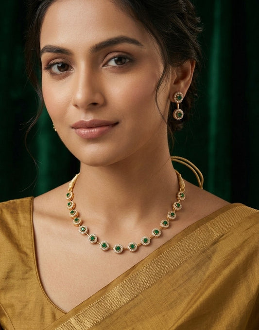 Elegant Emerald Green & White AD Stone Round Motif Choker Set