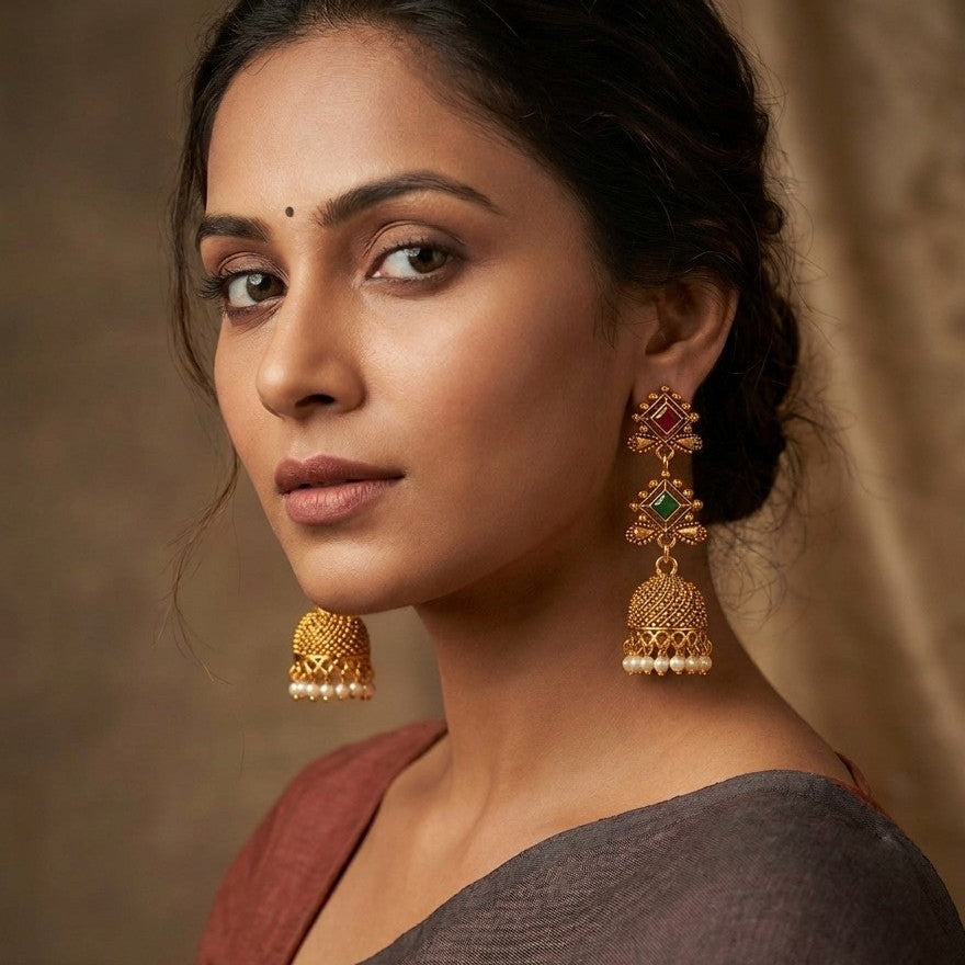 Dual-Tier Gem Antique Gold Jhumka Earrings with Pearl Drops