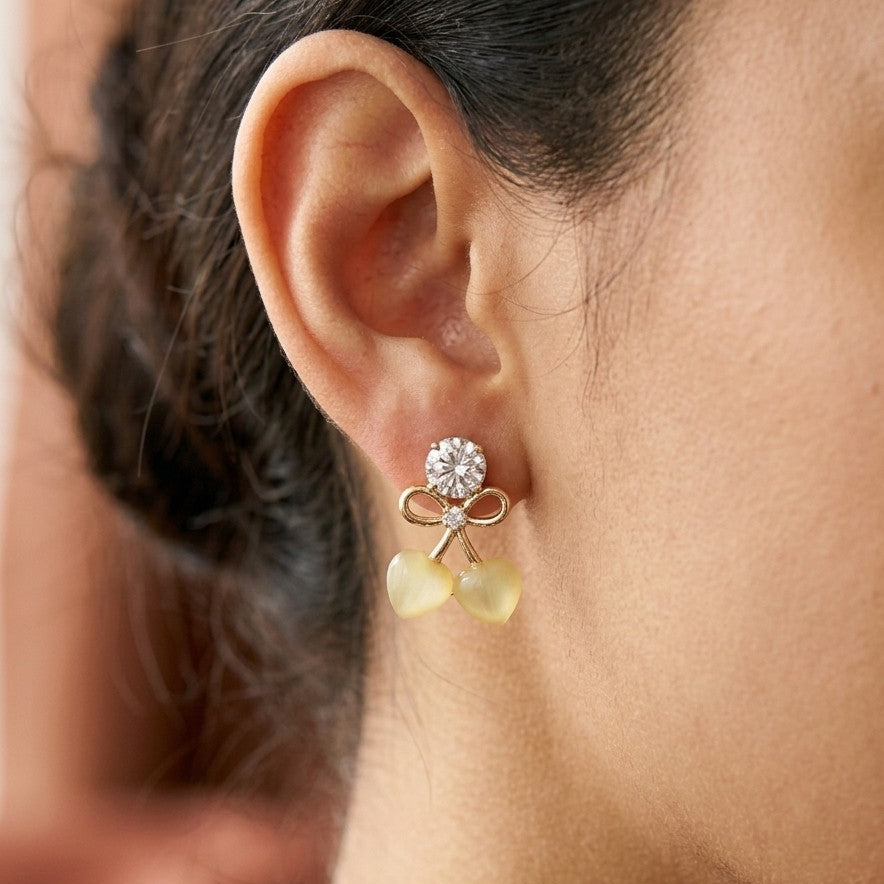 Sparkling Solitaire Ribbon & Opaline Twin Heart Stud Earrings