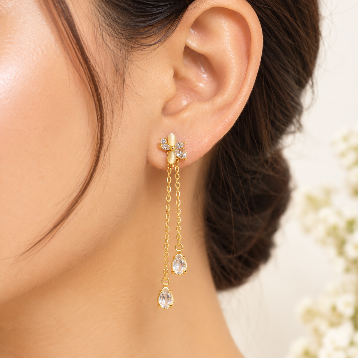 Crystal Floral Double Chain Earrings | 100% Anti tarnish