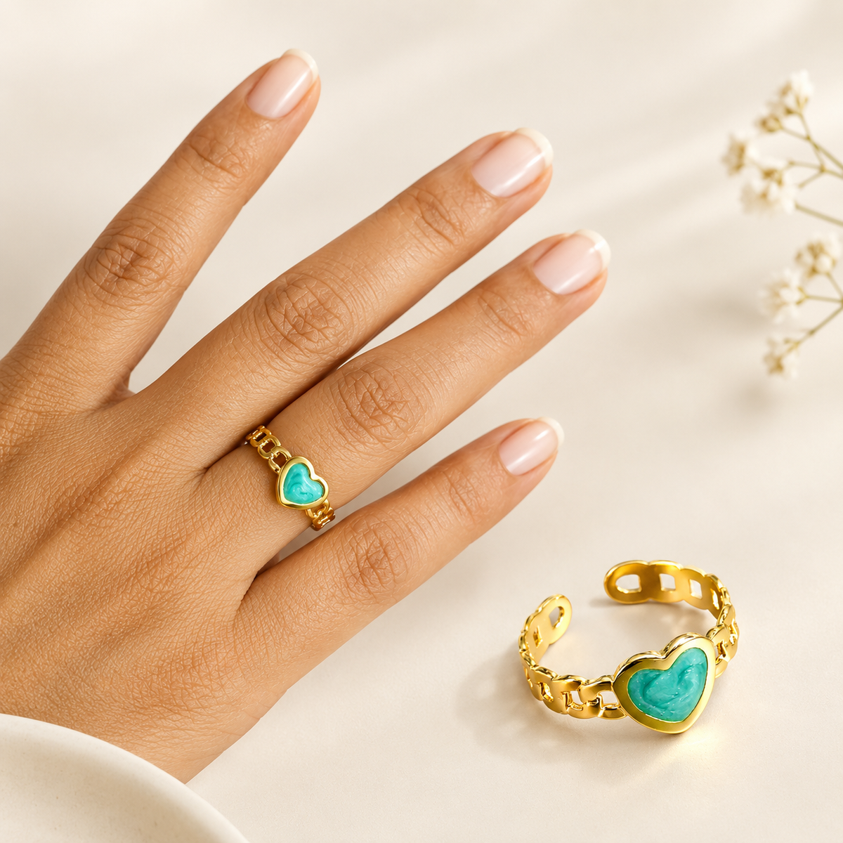 Turquoise blue Heart Chain Link Ring – 100% Anti Tarnish