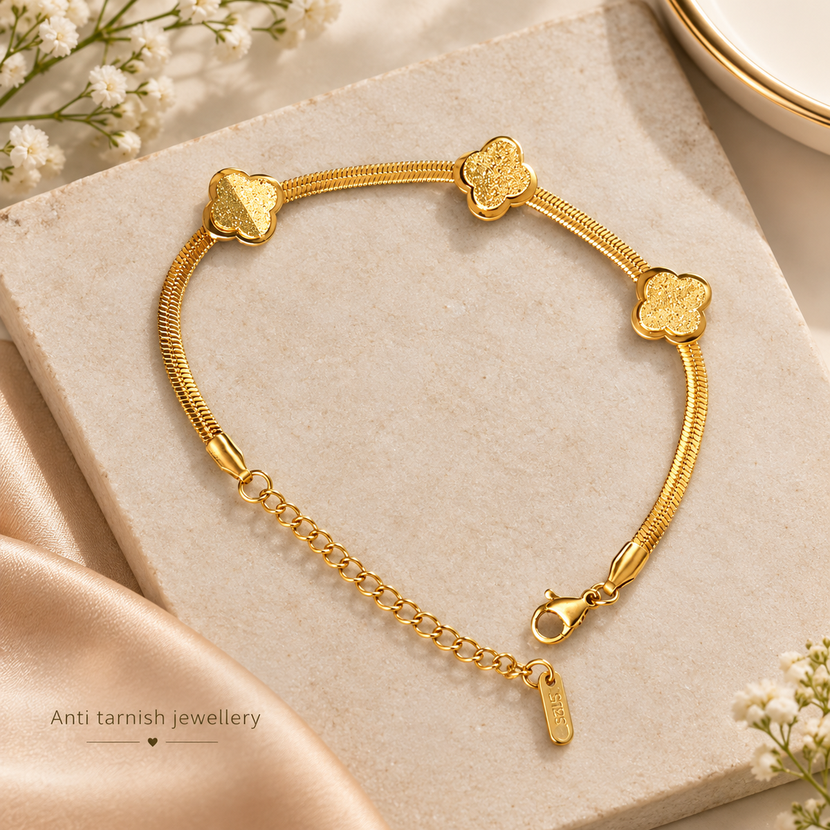 Triple Clover Charm Anti Tarnish Bracelet