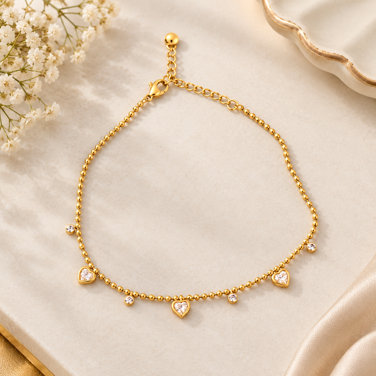 Crystal Heart Charm Anti Tarnish Anklet