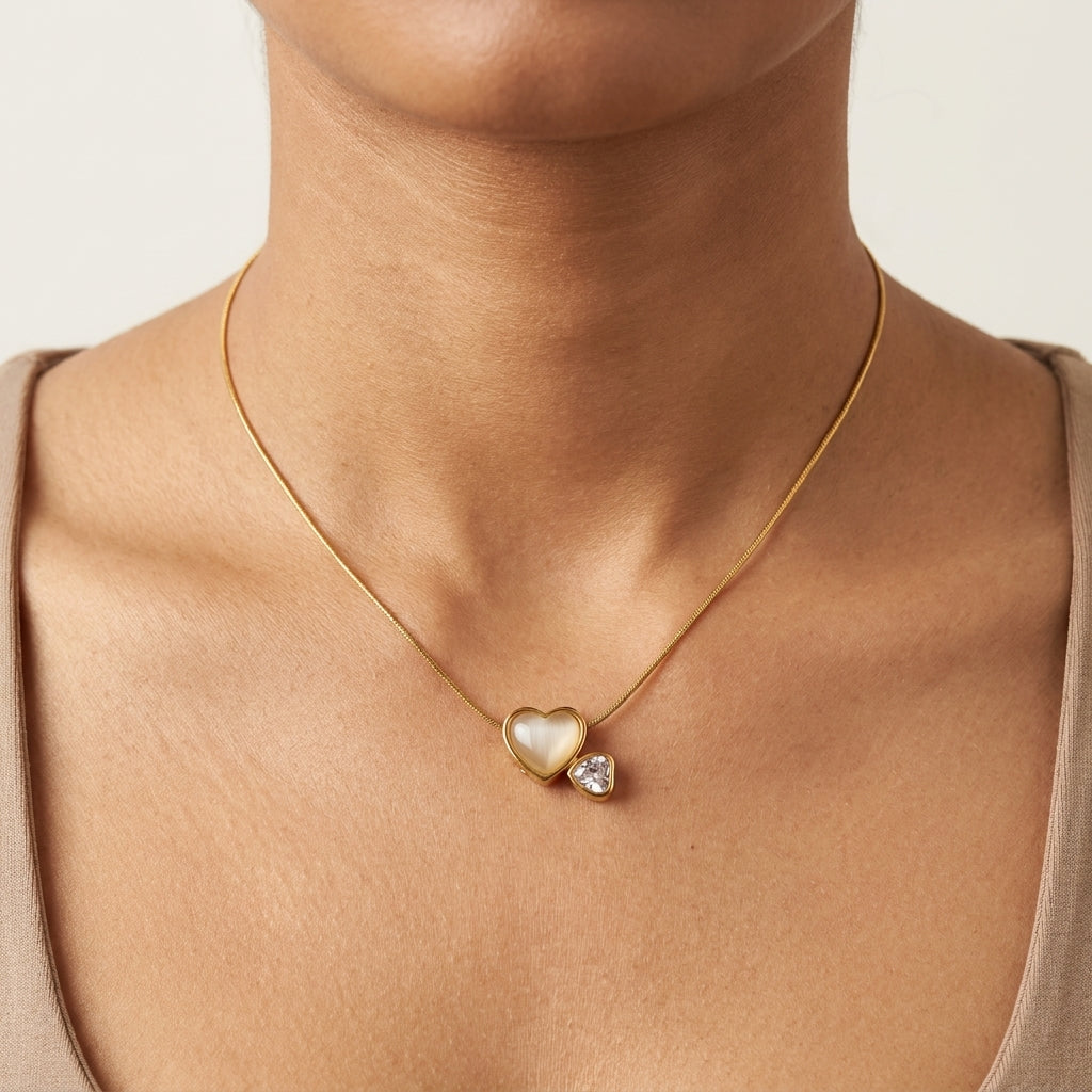 Double Heart Opal & Crystal Pendant Necklace