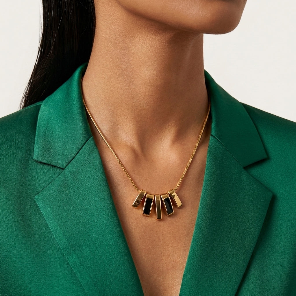 Geometric Black Enamel Bar Statement Necklace
