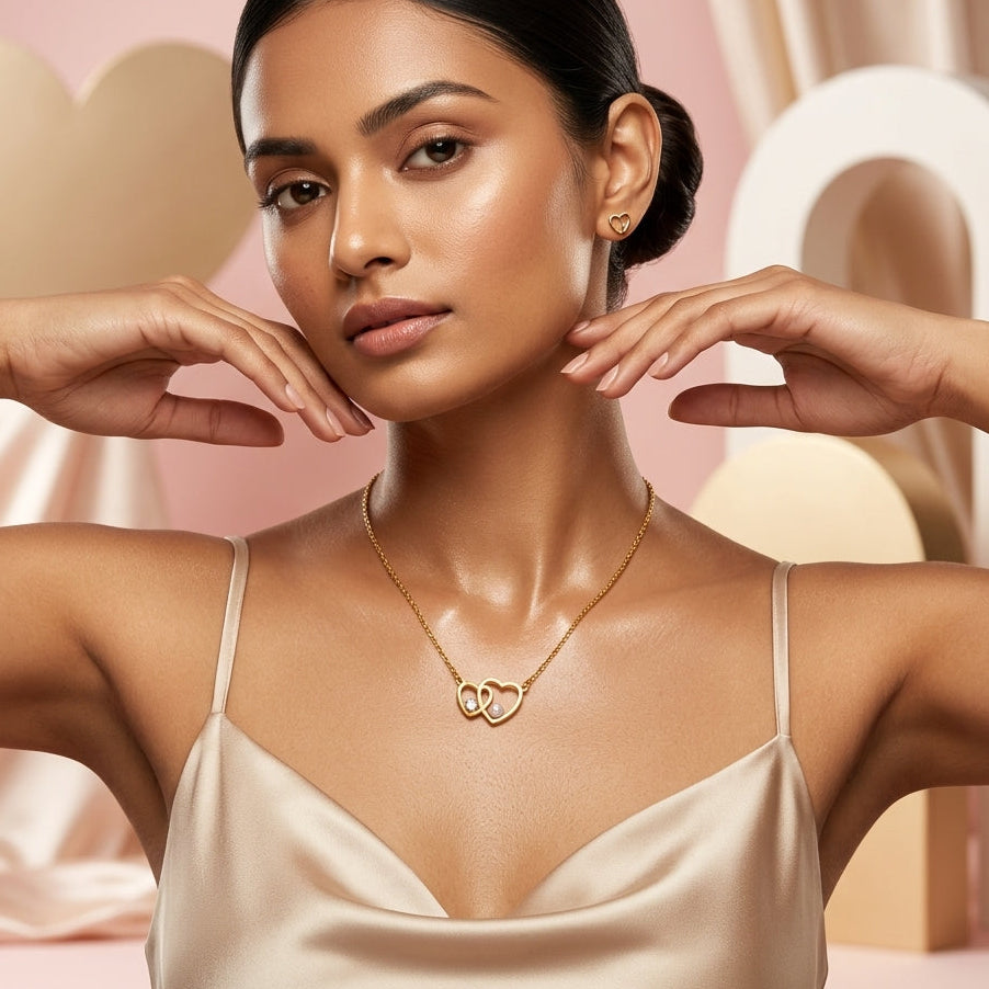 Interlocking Dual Heart Pearl & Crystal Pendant Necklace