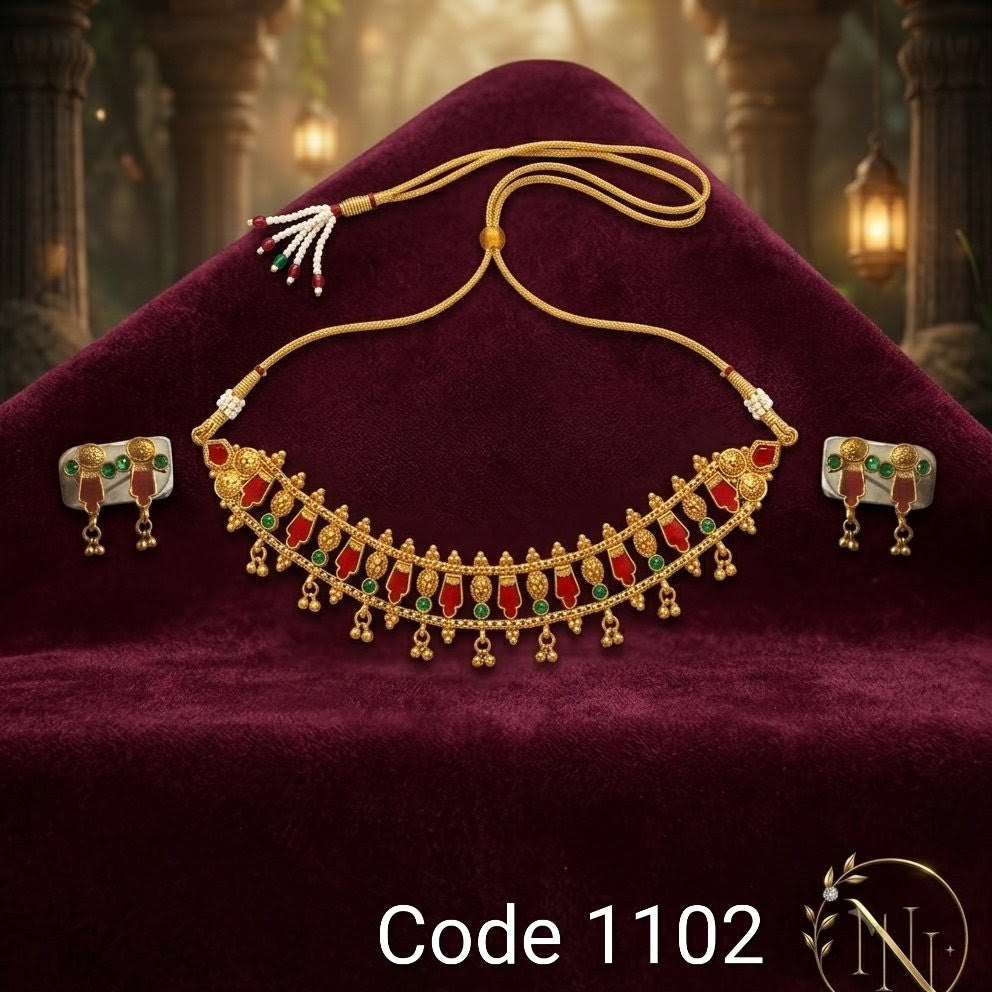 Traditional Kerala Kemp Stone Choker & Earring Set - Antique Gold Finish