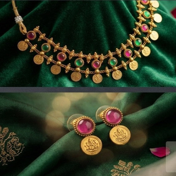Traditional Lakshmi Coin Necklace with Matching Earrings Set