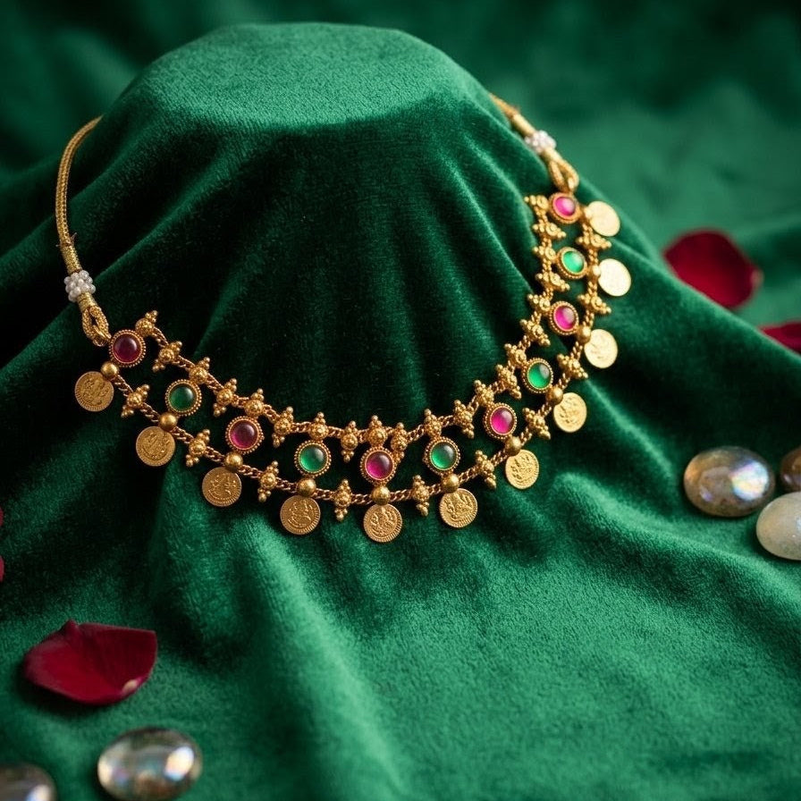 Traditional Lakshmi Coin Necklace with Matching Earrings Set
