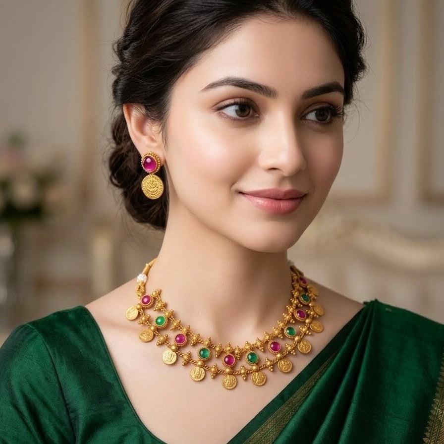 Traditional Lakshmi Coin Necklace with Matching Earrings Set
