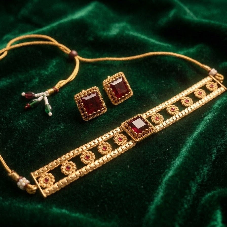 Elegant Red Ruby Choker Necklace Set with Earrings
