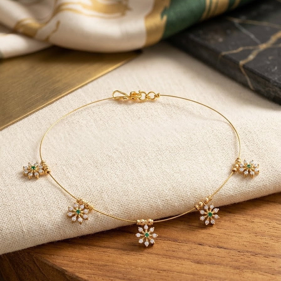 Elegant Floral Wire Necklace with White and Green Stones