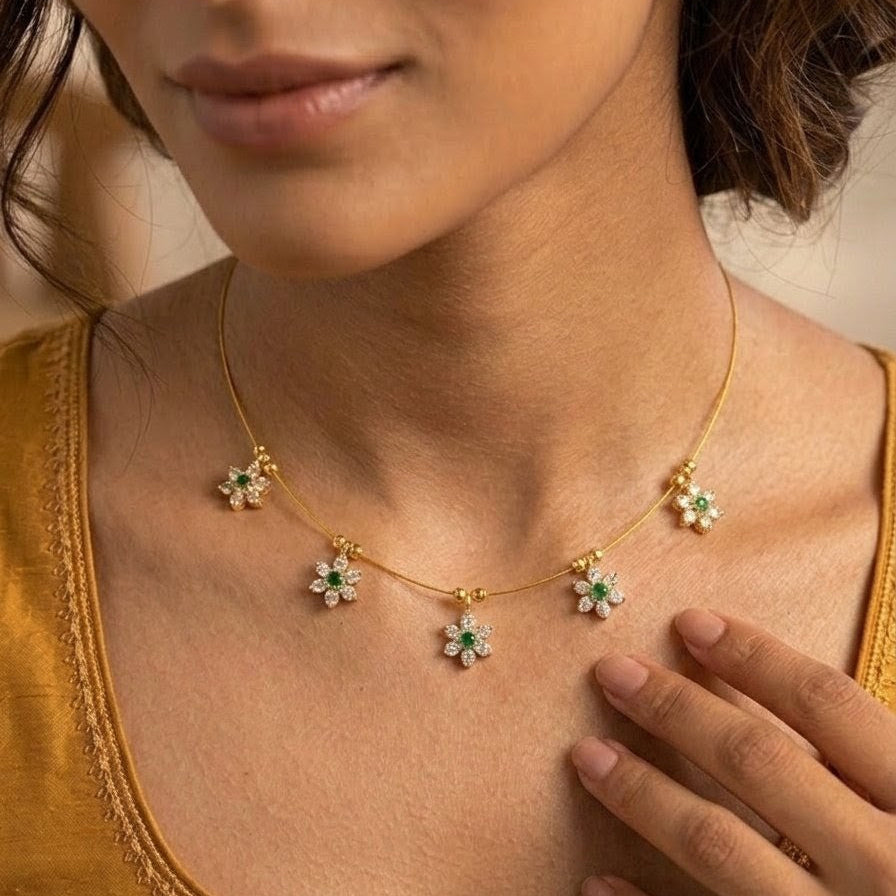 Elegant Floral Wire Necklace with White and Green Stones