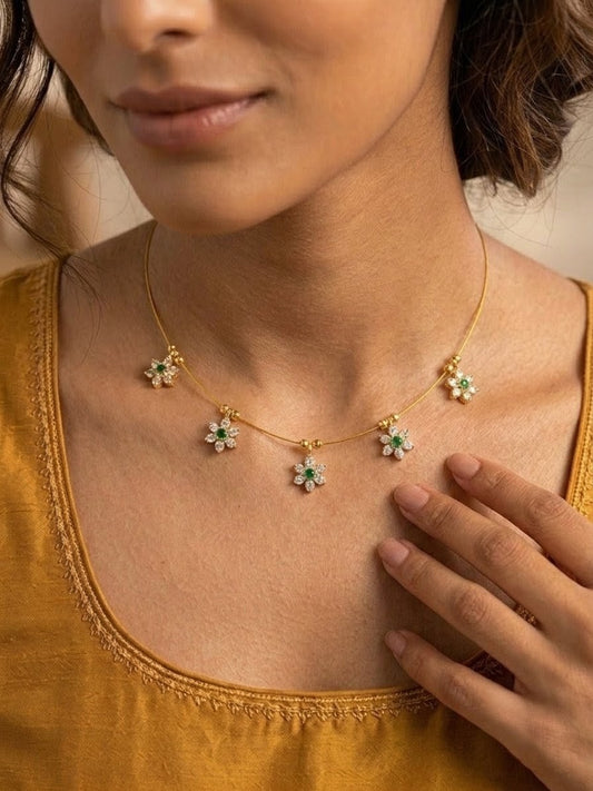 Elegant Floral Wire Necklace with White and Green Stones