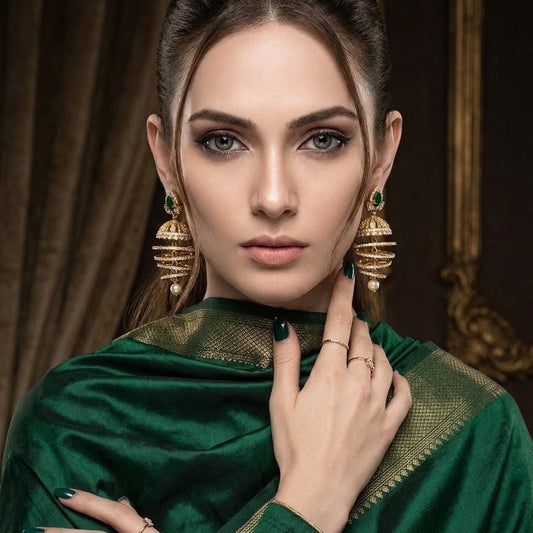 Emerald Stone AD Spiral Cage Jhumka Earrings with Pearl Drop