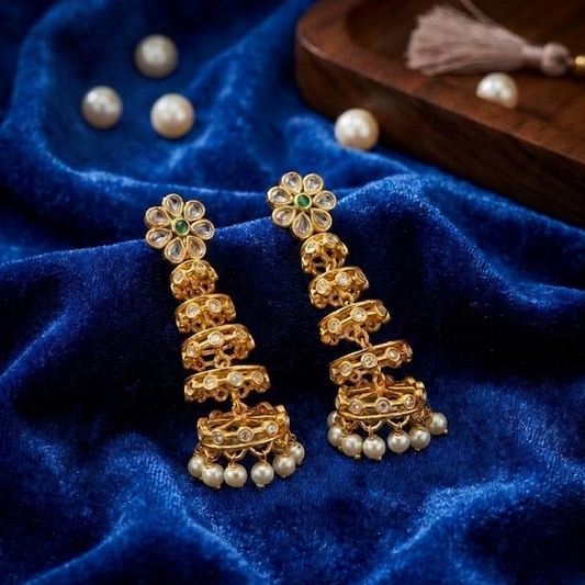 Royal Kundan Multi-Tiered Step Jhumka Earrings with AD ( American diamond) stones