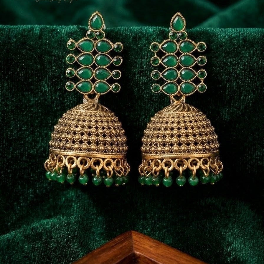 Emerald Green Geometric Cluster Antique Gold Jhumka Earrings