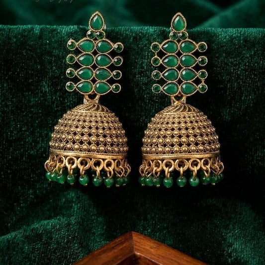 Emerald Green Geometric Cluster Antique Gold Jhumka Earrings