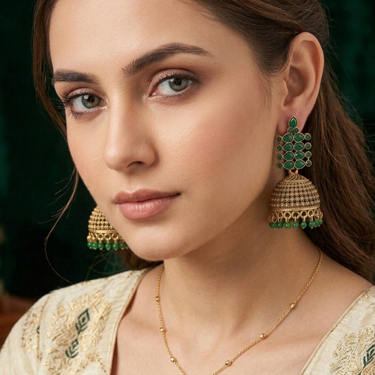 Emerald Green Geometric Cluster Antique Gold Jhumka Earrings