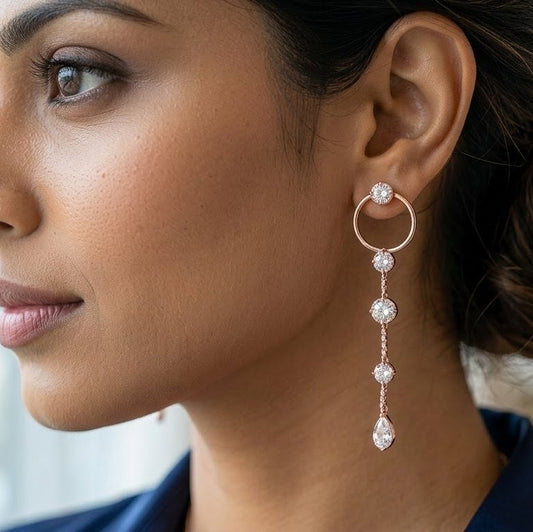 Rose Gold Pink Gem Floating Hoop & Crystal Drop Earrings