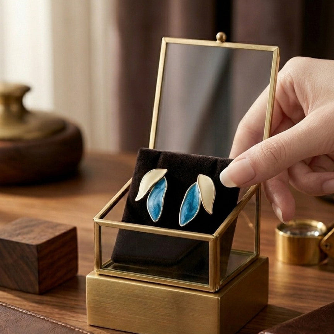 Korean Style Dual-Tone Leaf Enamel Gold Stud Earrings