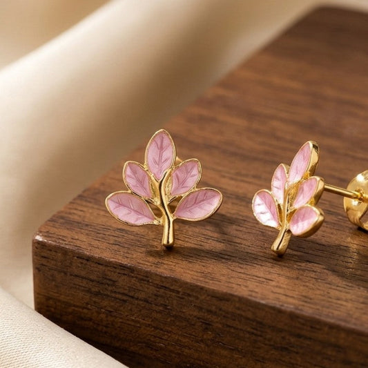 Soft Pink Leaf Branch golden tone Stud Earrings