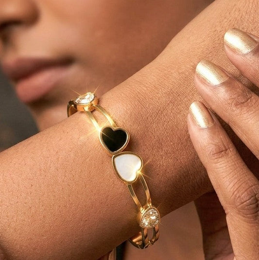 Monochromatic Enamel & Heart CZ Anti-Tarnish Gold Bangle