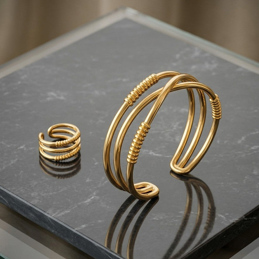 Triple-Band Textured Crossover Cuff Bracelet & Ring Set | Cuff bangle