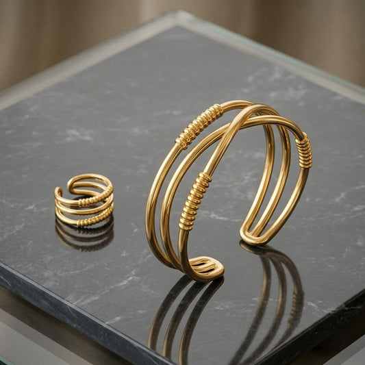 Triple-Band Textured Crossover Cuff Bracelet & Ring Set | Cuff bangle