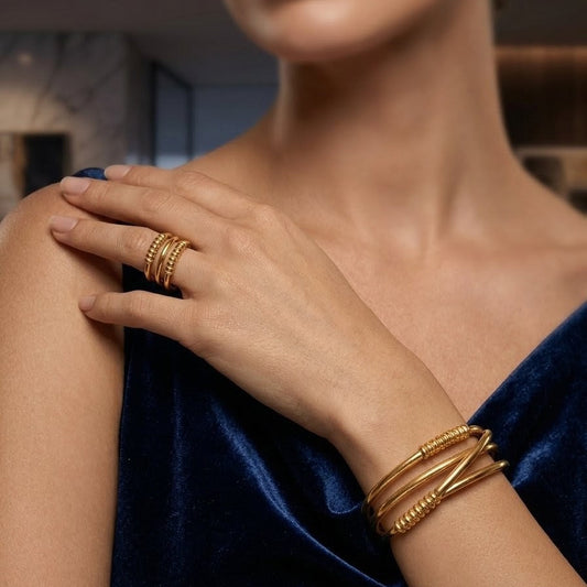 Triple-Band Textured Crossover Cuff Bracelet & Ring Set | Cuff bangle