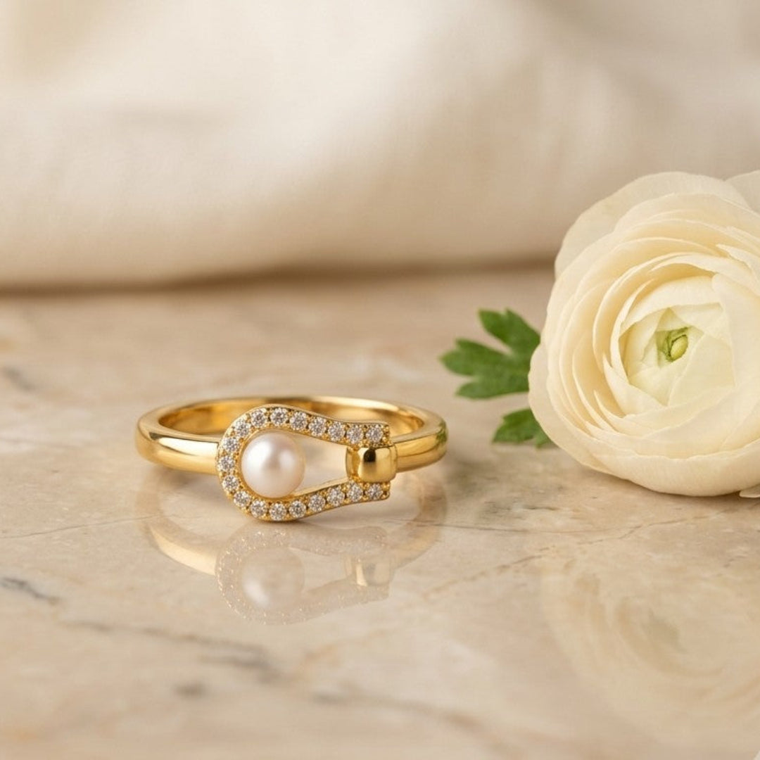 Horseshoe Pavé Pearl Gold Plated Ring | Pearl Ring