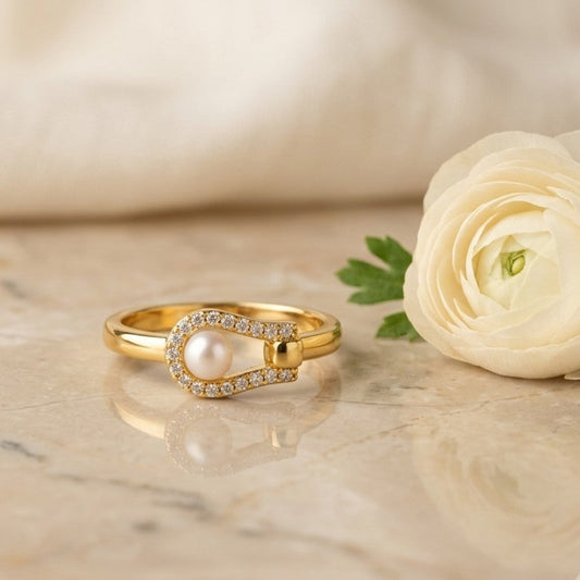 Horseshoe Pavé Pearl Gold Plated Ring | Pearl Ring