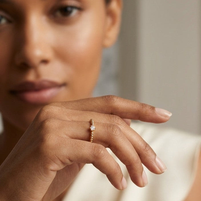 Beaded Starburst Solitaire Gold Plated Ring | Gold Plated Band Ring