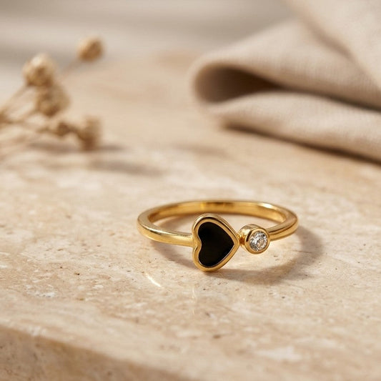 Petite Black Heart & Solitaire Gold Ring