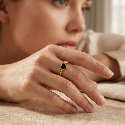 Petite Black Heart & Solitaire Gold Ring