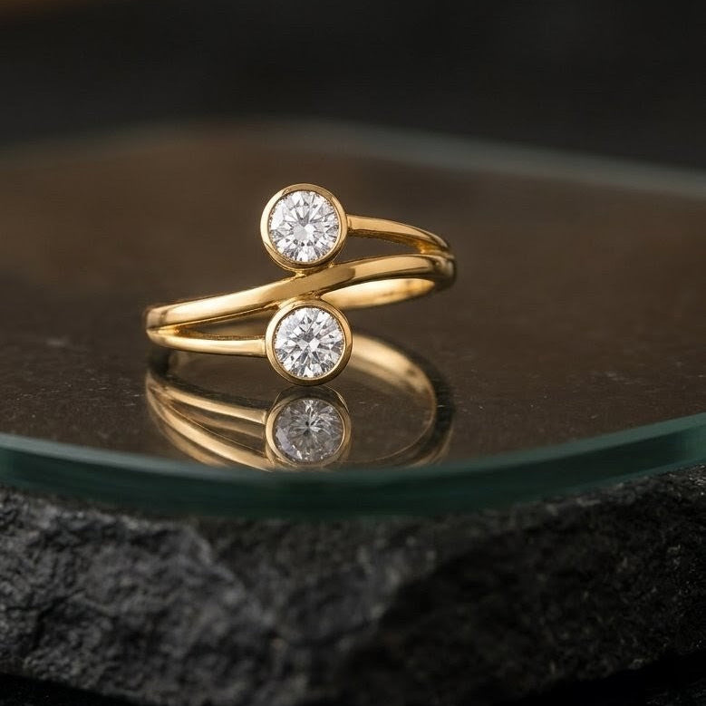 Dual Solitaire Bypass Gold Ring | Minimal Band Ring