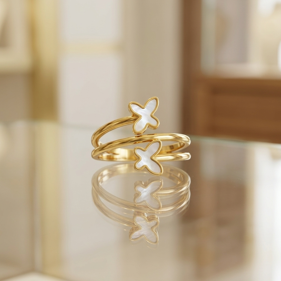 Dual Butterfly Pearl Spiral Gold Ring | Flower Ring