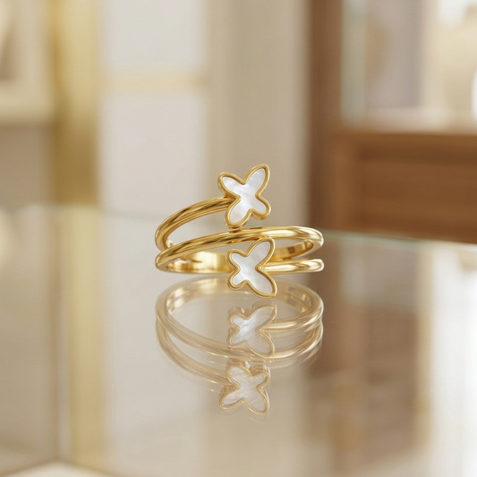 Dual Butterfly Pearl Spiral Gold Ring | Flower Ring