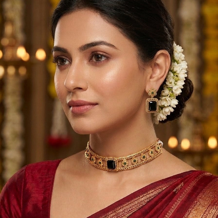 Elegant Red Ruby Choker Necklace Set with Earrings