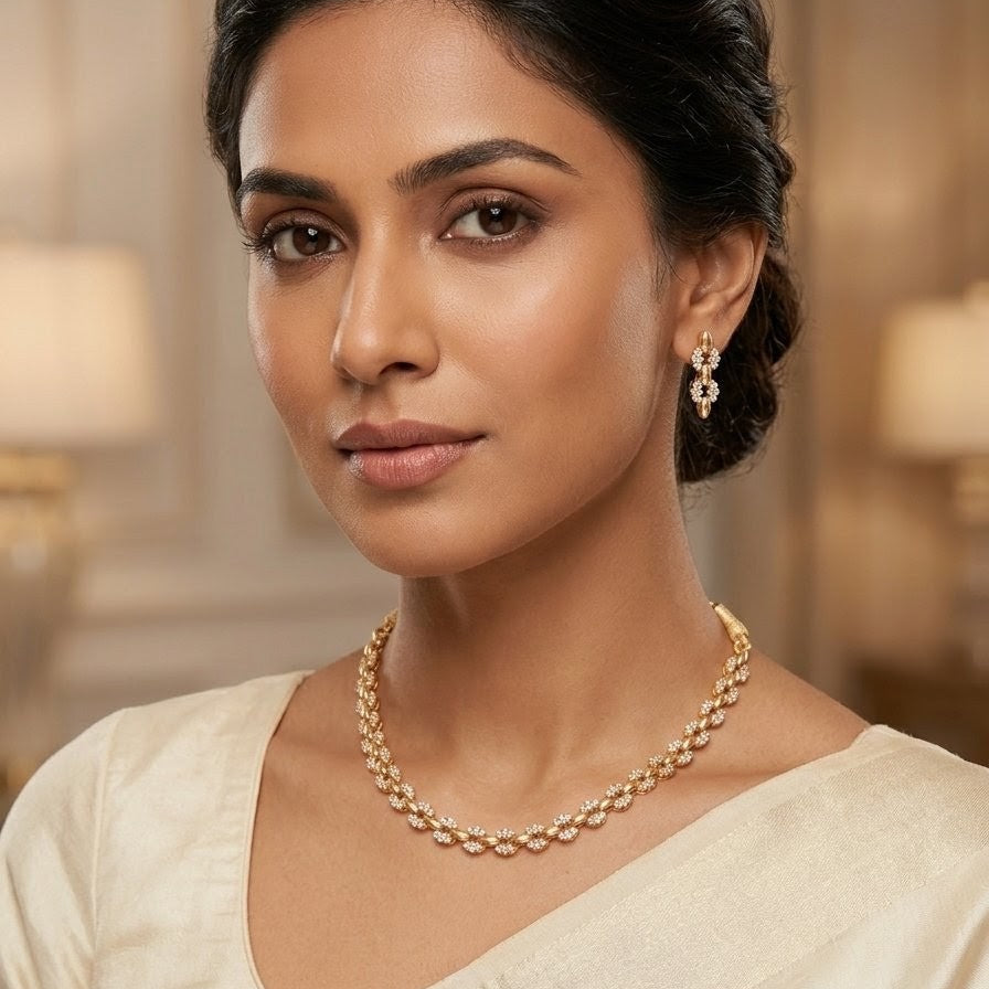 Elegant American Diamond (AD) Delicate Necklace Set with Earrings
