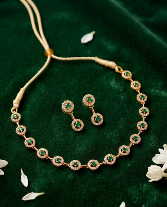 Elegant Emerald Green & White AD Stone Round Motif Choker Set